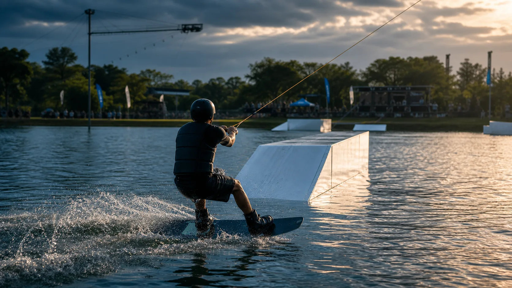 Rider genérico se aproximando de obstáculo em cable park durante clima de competição