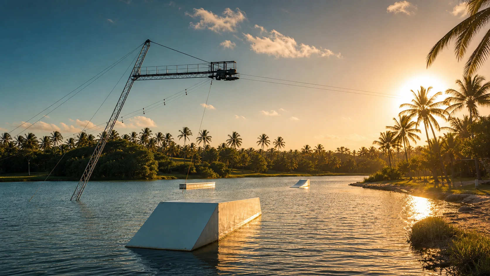 Lagoa tropical com estrutura genérica de cable park em referência ao wakeboard no Nordeste