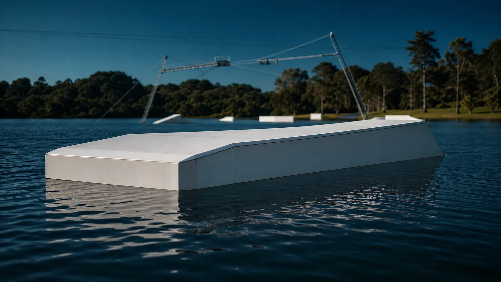 Obstáculo branco de wakeboard em PEAD flutuando em lago de cable park