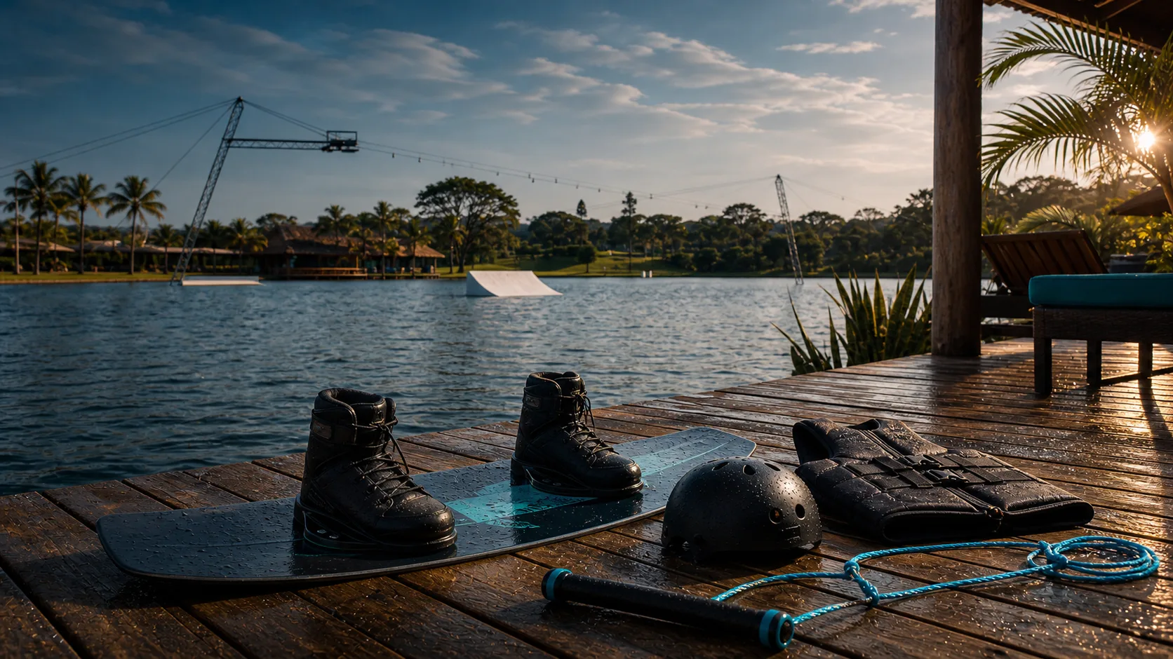Imagem editorial de equipamento de wakeboard em deck com lago e sistema de cabo ao fundo