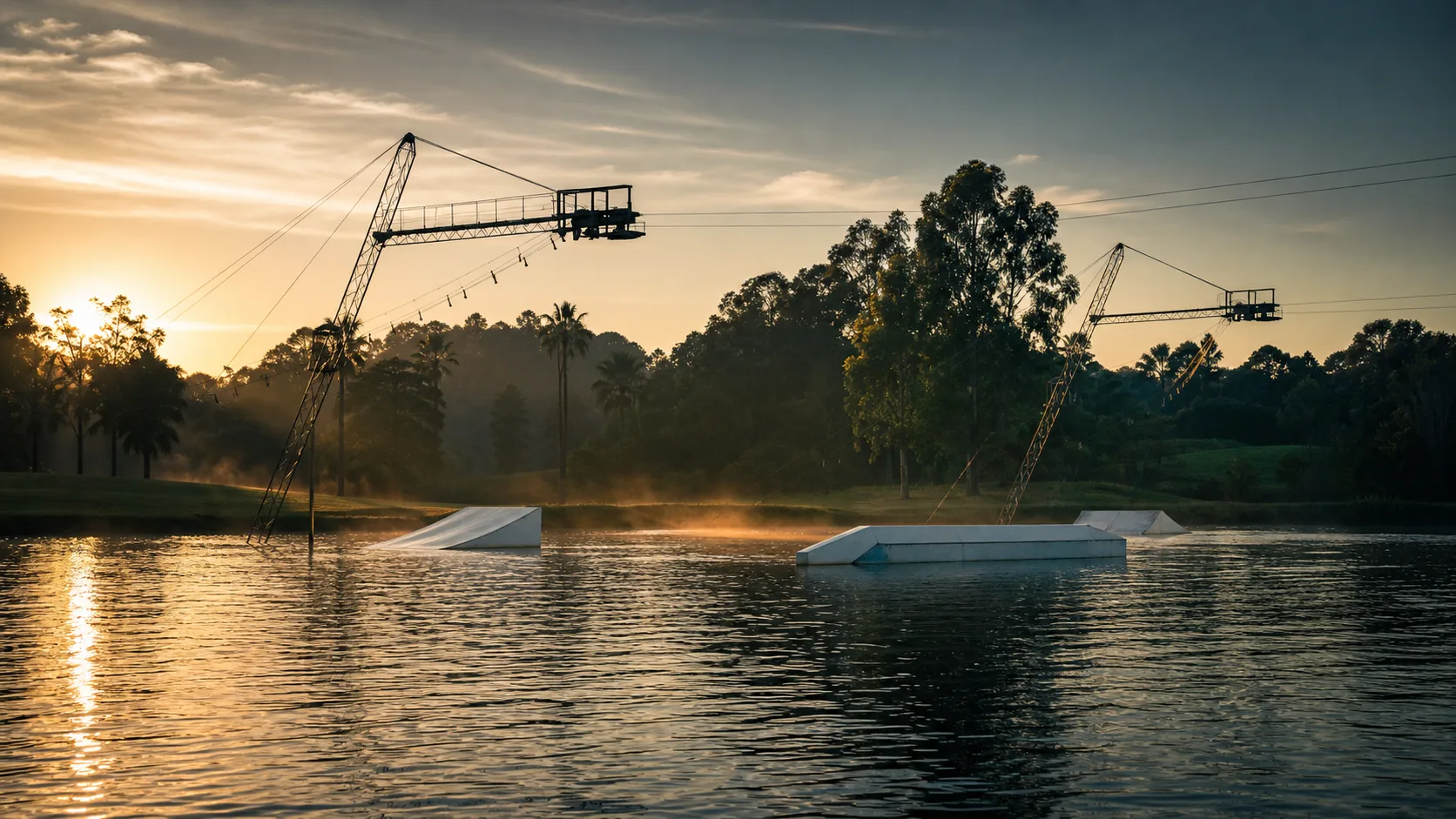 Imagem editorial de um cable park com torres, cabos e obstáculos sobre lago no Sudeste do Brasil
